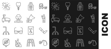 Set line Hearing aid, Prosthesis leg, Human broken arm, Intercom, Head of deaf and dumb, Hospital bed, Joint pain, knee pain and Guide dog icon. Vector