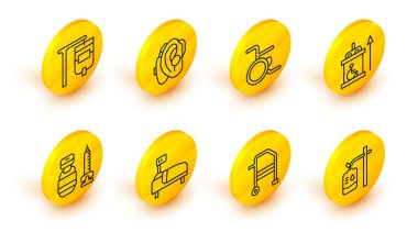 Serum torbası, Walker, hastane yatağı, şırınga, engelliler için asansör, tekerlekli sandalye, işitme cihazı ve ikon. Vektör