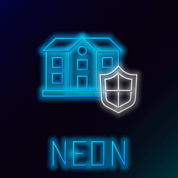 Brilhando Neon Line House Com Ícone Escudo Isolado Fundo Preto —  Vetores de Stock