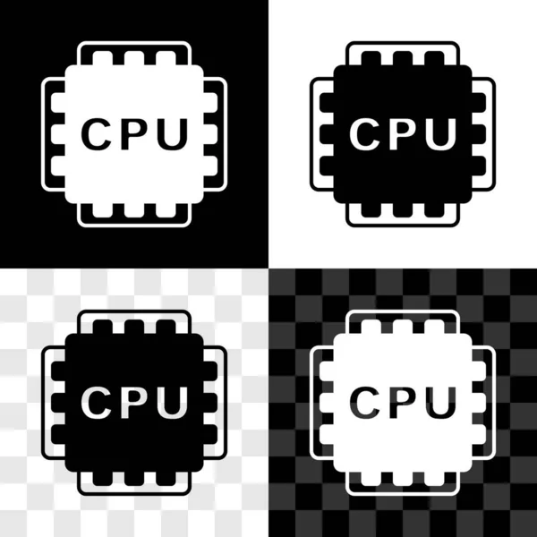 设置计算机处理器与微电路Cpu图标隔离在黑白 透明的背景上 芯片或Cpu与电路板 微处理器 — 图库矢量图片