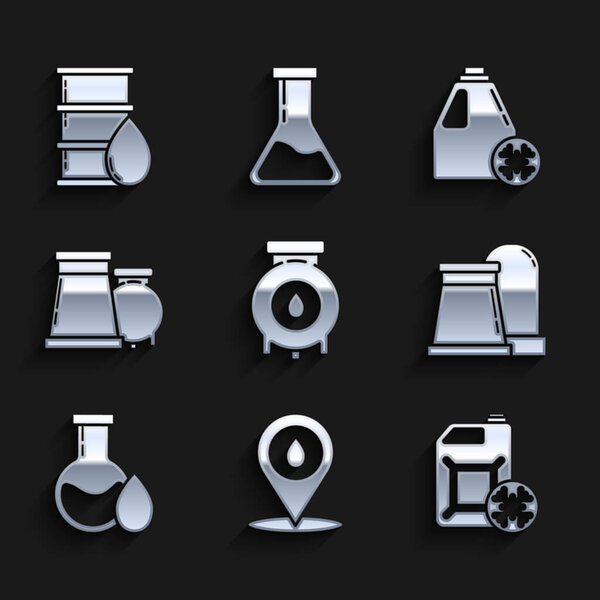 Set Oil and gas industrial factory building, Refill petrol fuel location, Antifreeze canister, test tube,  and Barrel oil icon. Vector