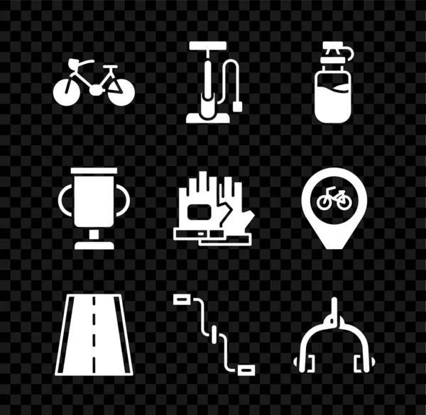 Set Bicycle, air pump, Sport bottle with water, lane, pedals, brake calipers, Award cup bicycle and Gloves icon. Vector