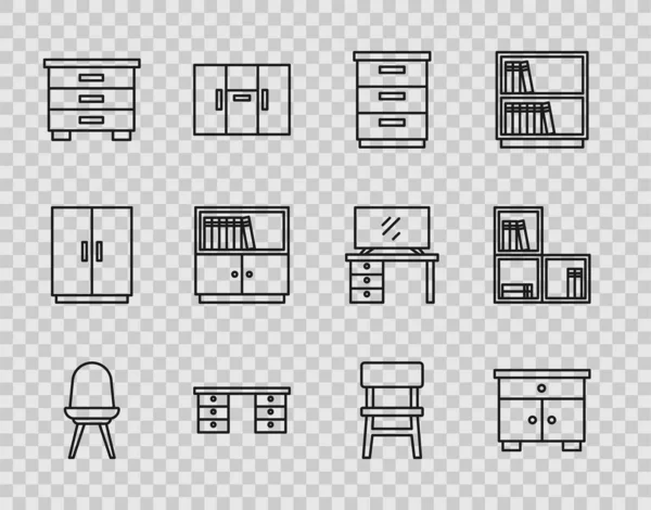 Set Line Chair Muebles Mesa Noche Escritorio Oficina Biblioteca Estantería — Vector de stock