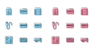 Anakart dijital çip, Klavye, kesintisiz güç kaynağı, Bilgisayar monitörü, SSHD kartı, SSD, USB kablo kablosu ve HDD simgesi ayarla. Vektör