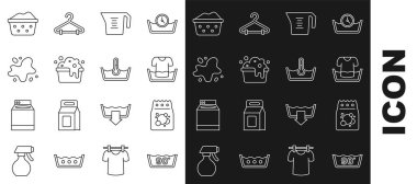 Hat temizleme, çamaşır deterjanı, gömlekli leğen, ölçü kabı, sabun köpüğü, su dökülmesi ve ikon. Vektör