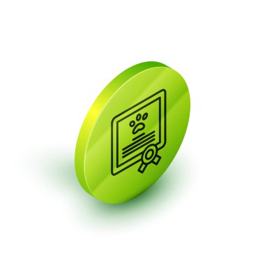 Beyaz arka planda köpek ya da kedi simgesiyle seyahat için Isometric Line Medikal sertifikası. Evcil hayvan için belge. Köpek ya da kedi pençesi izi. Yeşil daire düğmesi. Vektör.