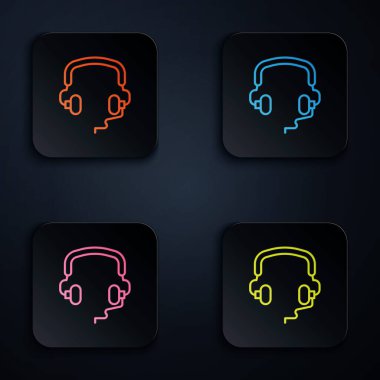 Renkli neon hattı kulaklık simgesi siyah arkaplanda izole edildi. Kulaklıklar. Müzik, hizmet, iletişim ve operatör konsepti. Kare düğmelere simgeleri yerleştir. Vektör.