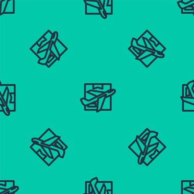 Mavi çizgi düzlemi ve karton kutu simgesi yeşil arka planda izole edilmiş kusursuz desen. Teslimat, ulaşım. Kargo hava yoluyla geliyor. Paketli uçaklar, kutular. Vektör