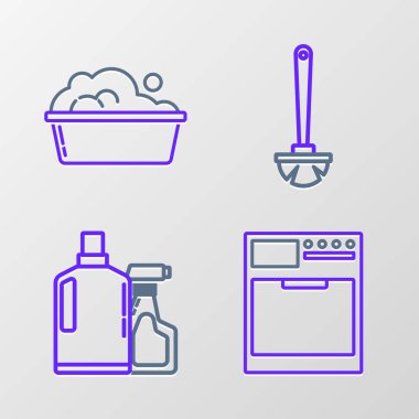 Hat temizleyici, sıvı bulaşık deterjanı için plastik şişeler, sabun köpüklü leğen ve tuvalet fırçası. Vektör