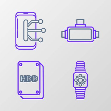 Çizgi Smartwatch, sabit disk sürücüsü HDD, sanal gerçeklik gözlükleri ve akıllı telefon, cep telefonu simgesi. Vektör