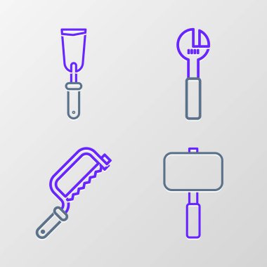 Balyoz, demir testeresi, ayarlanabilir anahtar ve macun bıçağı ikonu. Vektör