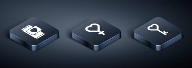 Isometric Online randevu uygulamasını ve sohbetini ayarla, Anahtar kalp şeklinde ve kadın cinsiyet simgesi simgesinde. Vektör.
