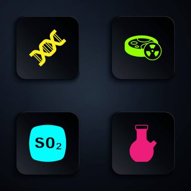 Test tüpünü, DNA sembolünü, sülfür dioksit SO2 'yi ve zehirli sıvıyı ayarla. Siyah kare düğme. Vektör