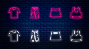 Çizgili pantolon, etek, tişört ve atlet. Tuğla duvarda parlayan neon simgesi. Vektör