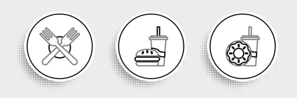 Ustaw Linię Szklanka Papierowa Słomką Pączkiem Widelec Skrzyżowany Ikona Burger — Wektor stockowy