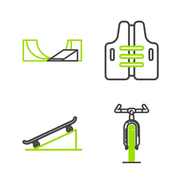 Set line Bicycle, Skateboard on street ramp, Life jacket and park icon. Vector