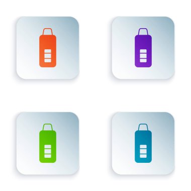 Tıbbi inceleme ikonu için renkli medikal termometre beyaz arkaplanda izole edildi. Kare düğmelere renkli simgeleri yerleştir. Vektör