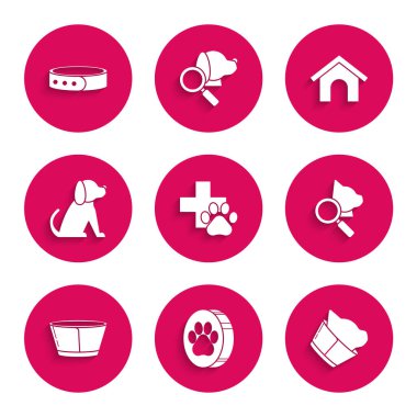 Veterinerlik kliniği sembolü, Paw izi, Koruyucu koni tasması, köpek, ev ve yaka etiketi ikonlu tasma. Vektör