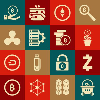Satış sepetini bitcoin, Cryptocurrency Zcash ZEC, Bitcoin potu, Ethereum ETH, Sunucu ve vites, Ripple XRP, Hand holding ve simgesi ile ayarla. Vektör