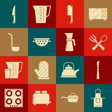 Mutfak önlüğü, bıçak, çapraz çatal ve kaşık et kesicisi, süzgeç, kepçe ve ölçü kabı ikonu. Vektör