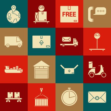 Zarf, scooter teslimatı, terazi, karton kutu, bedava sembol, trafik, teslimat kamyonu, dünya çapında ve posta simgesi. Vektör