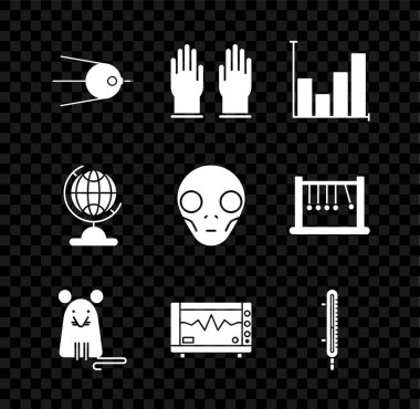 Uydu, lastik eldiven, turta grafiği, sıçan, kardiyogramlı bilgisayar monitörü, meteoroloji termometresi ölçümü, Dünya küresi ve dünya dışı uzaylı yüzü ikonu. Vektör