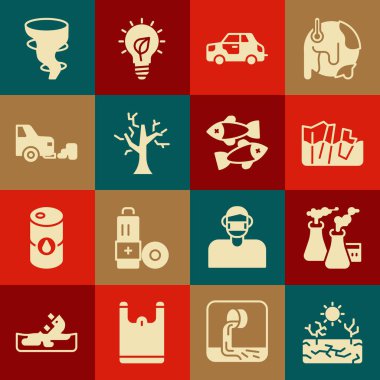 Kuraklık, fabrikadan duman, buzulların erimesi, araba, solmuş ağaç, egzoz, kasırga ve ölü balık ikonu. Vektör