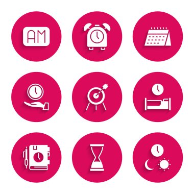 Hedef sporu, kumlu eski kum saati, gece vakti, uyku zamanı, günlük kağıt not defteri, saat, takvim ve sabah ikonu. Vektör