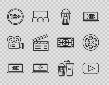 Dizüstü bilgisayar ekranını 4k video teknolojisiyle, Play, Popcorn 'u karton kutuda, Online play, 18 yaş altı, Movie clapper, ve soda bardağı ve film makarası ikonu ile ayarla. Vektör