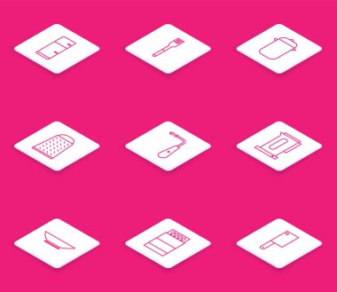 Buzdolabı, çatal, tencere, rende, uzun elektrik çakmağı, saplı çaydanlık, bowling ve kibrit kutusu ikonu. Vektör