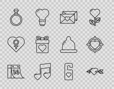 Takvimi 14 Şubat, Envelope Valentine, müzik notası, nota, elmas nişan yüzüğü, hediye kutusu ile ayarla lütfen dartların merkezini rahatsız edin ve kalbi hedef ikonu yapın. Vektör