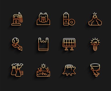 Fabrikadan, kuraklıktan, benzin istasyonundan, ağaç kütüğünden, tornadodan, plastik torbadan, yapraklı ampulden ve güneş enerjisi panel ikonundan duman alın. Vektör