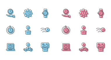 Dizüstü bilgisayar zamanı, zaman yolculuğu, saat, dokuzdan işe, saat başı, ok ve yönetim simgesi ile uçuyor. Vektör