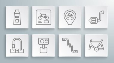 Hat ayarlı bisiklet kilidi, kiralık mobil uygulama, aksiyon ekstrem kamerası, pedallar, çerçeve, bisikletli konum ve tüp ikonunda güneş kremi. Vektör