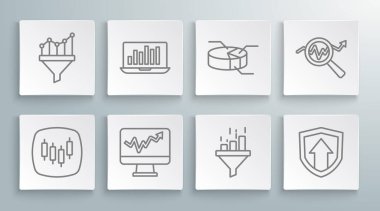 Satır Tarayıcısını hisse senedi pazarı, dizüstü bilgisayar grafiği, Monitor, satış hunisi, finansal büyüme, turta bilgisi, Arama veri analizi ve simgesi ile ayarla. Vektör