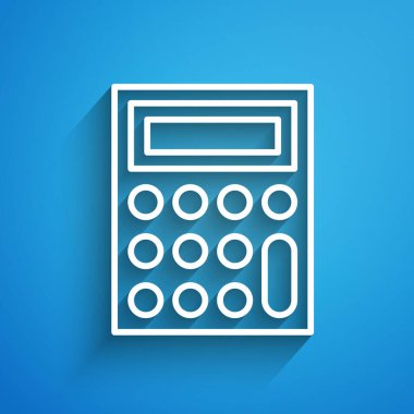 Beyaz çizgi hesap makinesi simgesi mavi arkaplanda izole edildi. Muhasebe sembolü. İş hesaplamaları matematik eğitimi ve finans. Uzun gölge. Vektör.