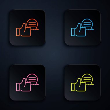 Renkli neon hattı tüketicisi veya müşteri ürün değerlendirme simgesi siyah arkaplanda izole edildi. Kare düğmelere simgeleri yerleştir. Vektör.