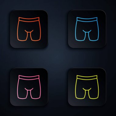 Renkli neon çizgisi bisiklet şortu simgesi siyah arkaplanda izole edildi. Kare düğmelere simgeleri yerleştir. Vektör