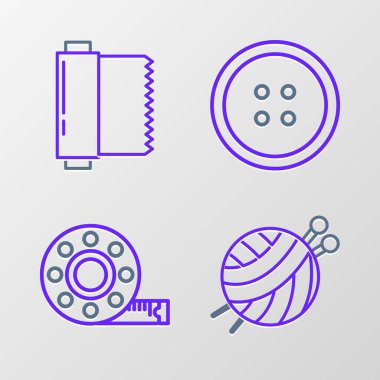 İplik topunu örgü iğneleri, mezura, elbise dikme düğmesi ve tekstil kumaş rulo ikonu ile ayarla. Vektör