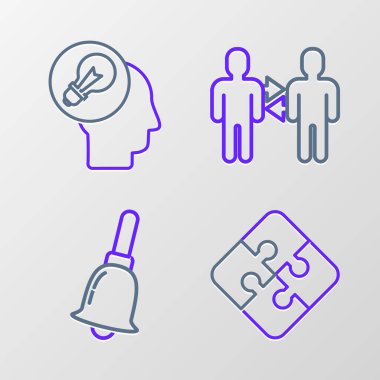 Çizgi yap-boz parçası, zil, proje ekibi tabanı ve ampul ikonlu insan kafası. Vektör