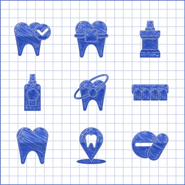 Zestaw Koncepcja Wybielania Zębów Lokalizacja Kliniki Stomatologicznej Pigułka Lekarska Lub — Wektor stockowy