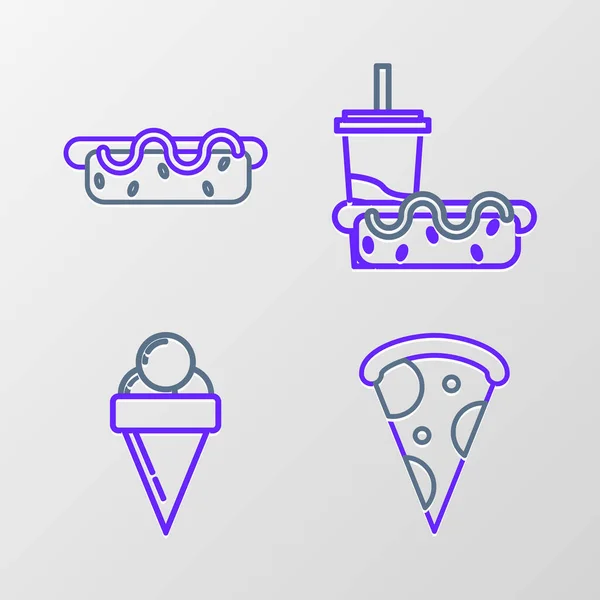 设置一系列披萨片 华夫饼筒中的冰淇淋 纸杯中的吸管 热狗和热狗三明治芥末图标 — 图库矢量图片