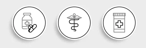 Встановіть Лінію Медична Пляшка Таблетки Значок Медичного Символу Змії Кадуцея — стоковий вектор