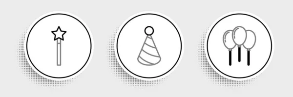 Définir Ligne Ballons Avec Ruban Baguette Magique Icône Chapeau Fête — Image vectorielle