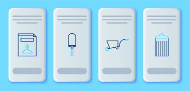 Sıralı bahçe küreği ya da küreği, el arabası, bir paket özel bitki ve çöp tenekesi ikonu. Vektör