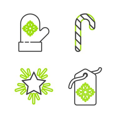 Satır Price etiketini bir yazıyla belirle Noel yıldızı şeker kamışı şeritleri ve eldiven ikonu. Vektör.