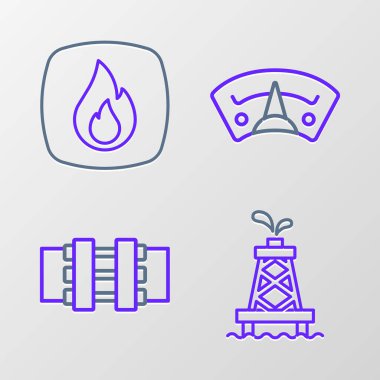 Petrol platformu, metal borular ve valf, motor benzin göstergesi ve ateş alev ikonu ayarlayın. Vektör