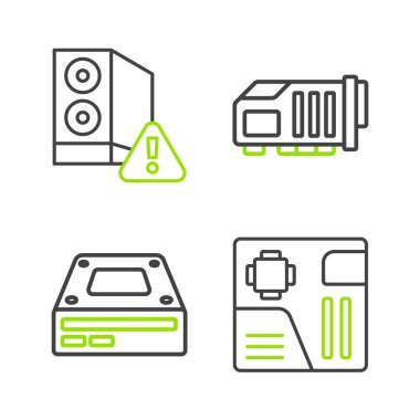 Anakart dijital çipi, Optik disk sürücüsü, Video grafik kartı ve bilgisayar simgesi durumu ayarlayın. Vektör