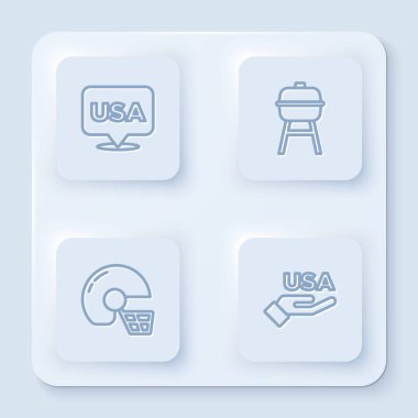 ABD Bağımsızlık Günü, barbekü ızgarası, Amerikan futbol kaskı ve... Beyaz kare düğme. Vektör