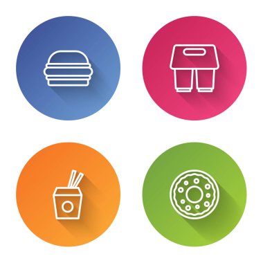 Çizgi Burger, kahve fincanı, Asya eriştesi, çubuk ve çörek. Renkli daire düğmesi. Vektör